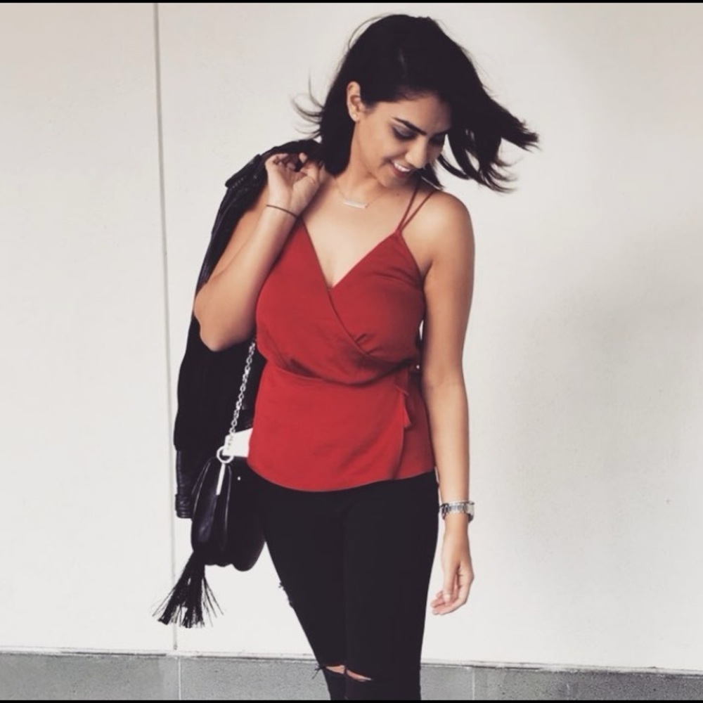 Express Red Wrap Flare Top